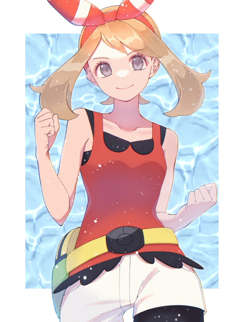 1girl bare_arms bike_shorts bike_shorts_under_shorts blonde_hair border bow_hairband closed_mouth collarbone commentary_request fanny_pack grey_eyes hairband highres kana_(kanna_runa0620) looking_at_viewer may_(pokemon) medium_hair pokemon pokemon_(game) pokemon_oras shirt short_shorts shorts simple_background sleeveless sleeveless_shirt smile solo white_border white_shorts yellow_bag