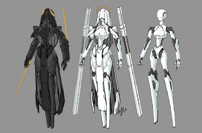 1girl arm_blade armor arms_at_sides black_skin breasts closed_eyes colored_skin floating floating_object floating_weapon full_body grey_background halo joints long_legs medium_breasts narrow_waist no_feet original pelvic_curtain robot_girl robot_joints shirousagi_uyu small_breasts variations weapon white_skin