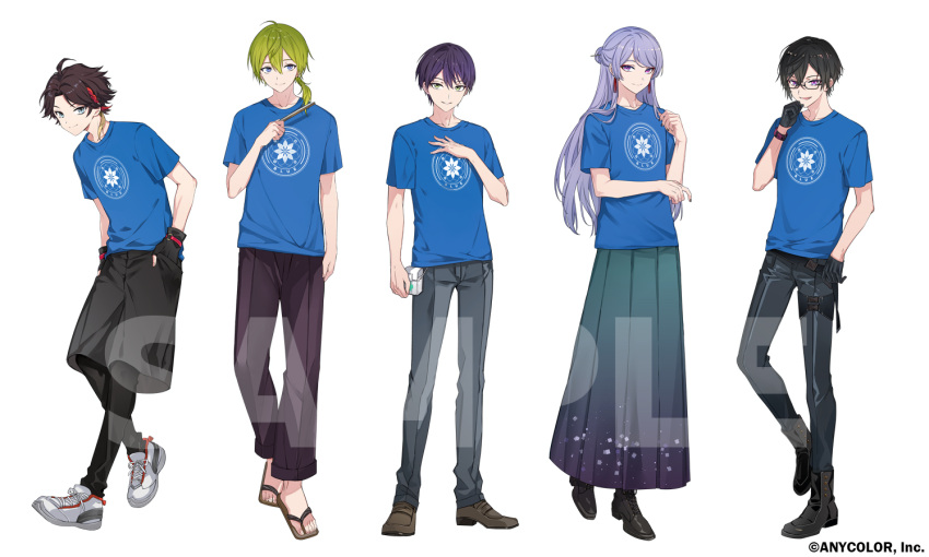 5boys ahoge black_footwear black_gloves black_hair black_pants blue_eyes blue_shirt brown_footwear brown_hair full_body genzuki_toujirou glasses gloves green_eyes green_hair half_gloves hand_on_own_chest hands_in_pocket kenmochi_touya loafers long_hair long_skirt male_focus multicolored_hair multiple_boys nijisanji official_art pants ponytail purple_eyes purple_hair red_hair saegusa_akina sample_watermark sandals shibuya_hajime shikinagi_akira shirt shoes skirt smile sneakers streaked_hair suou_(sdurorhr) t-shirt watermark