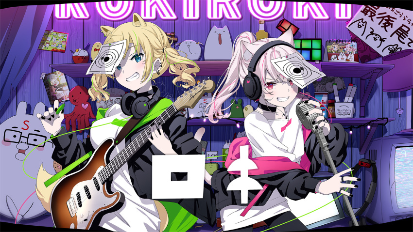 2girls animal_ear_fluff animal_ears black_choker black_jacket black_nails black_pantyhose blonde_hair breasts choker collarbone commentary_request copyright_request electric_guitar green_hair grey_hair grin guitar headphones headphones_around_neck highres holding holding_instrument holding_microphone holding_plectrum instrument jacket long_sleeves medium_breasts microphone microphone_stand multicolored_hair multiple_girls nail_polish natsume_eri neon_lights off_shoulder open_clothes open_jacket pantyhose pink_hair plectrum ponytail puffy_long_sleeves puffy_sleeves shirt smile streaked_hair twintails white_shirt