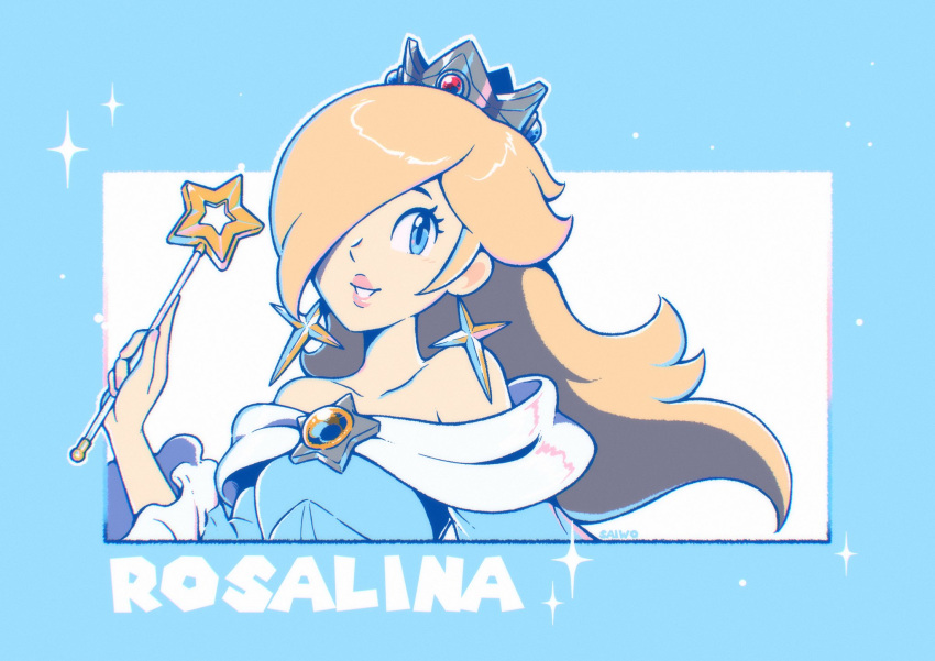 1girl aqua_background aqua_dress blonde_hair blue_eyes brooch character_name crown dress earrings hair_over_one_eye highres holding holding_wand jewelry long_hair long_sleeves looking_to_the_side mario_(series) parted_lips rosalina saiwo_(saiwoproject) solo star_(symbol) star_brooch star_earrings star_wand strapless strapless_dress two-tone_background upper_body wand white_background