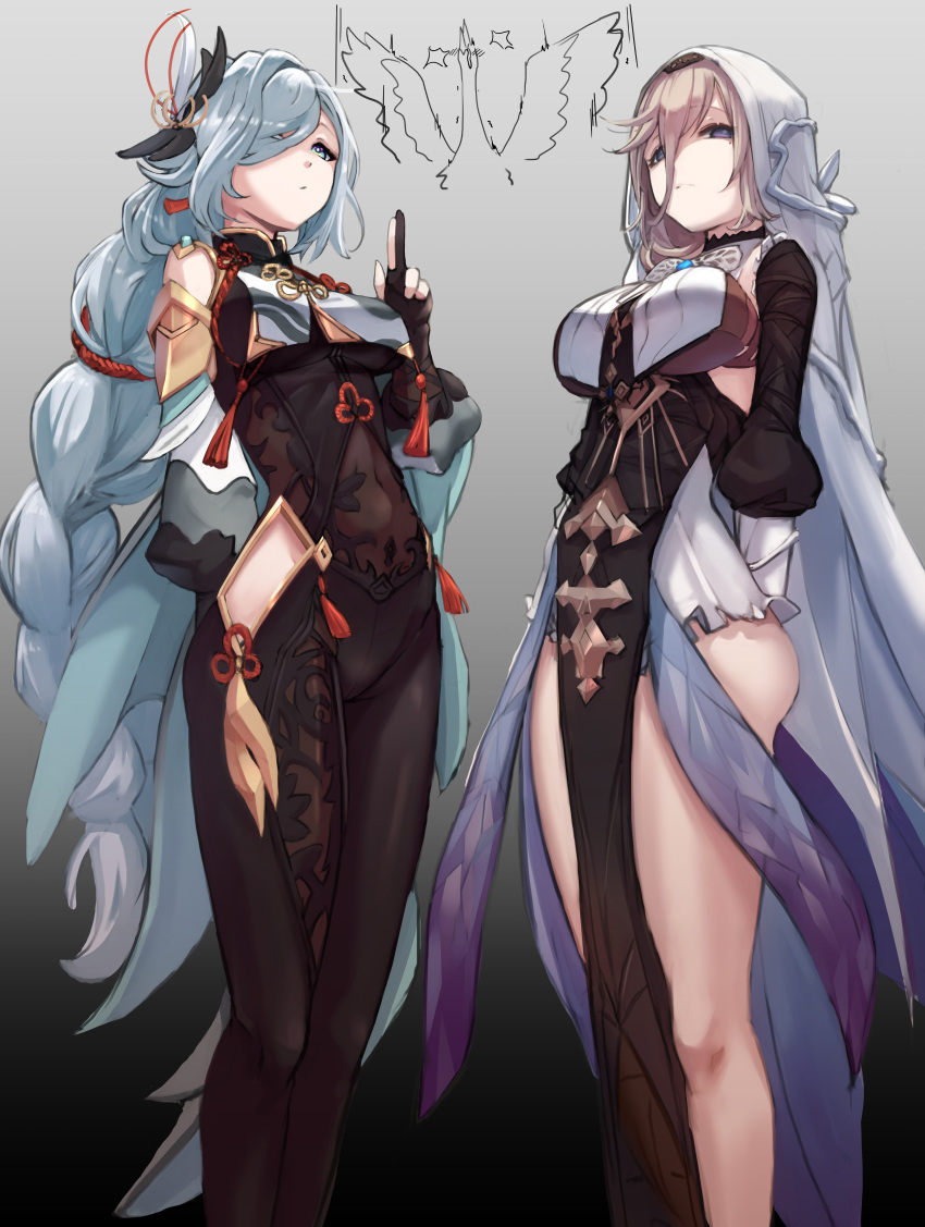 2girls absurdres aponia_(honkai_impact) bangs bird black_dress blue_eyes bodysuit braid braided_ponytail breasts brown_bodysuit brown_hair chinese_clothes closed_mouth cloud_retainer_(genshin_impact) company_connection crane_(animal) cream_bread dress genshin_impact grey_background grey_eyes grey_hair hair_between_eyes hair_ornament hair_over_one_eye highres honkai_(series) honkai_impact_3rd large_breasts long_hair looking_at_viewer mihoyo multiple_girls nun pelvic_curtain shenhe_(genshin_impact) veil very_long_hair