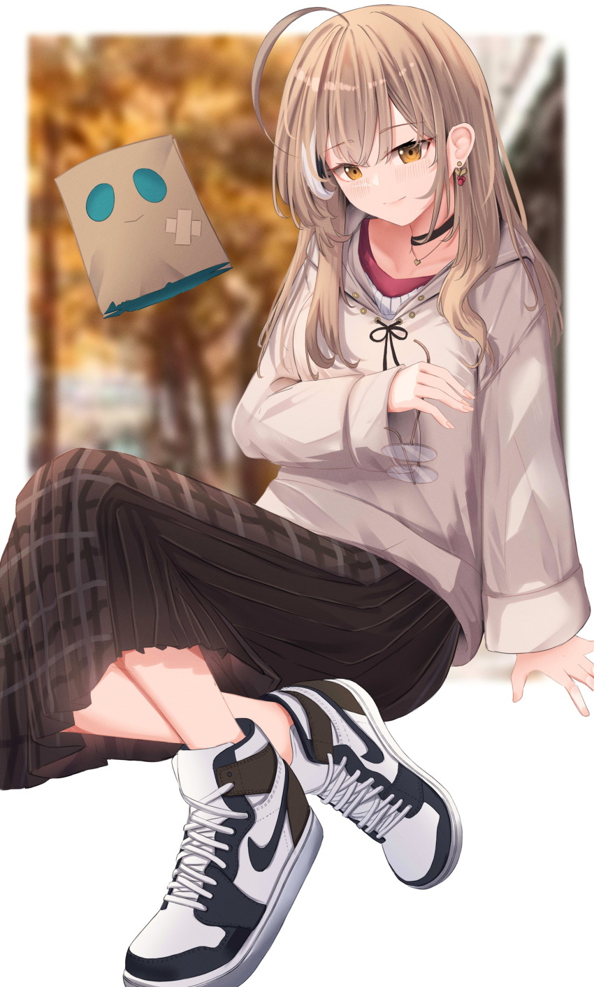 1girl absurdres ahoge air_jordan alternate_footwear autumn berry black_choker blurry blurry_background brown_eyes brown_hair brown_hoodie brown_skirt choker crossed_bangs earrings food-themed_earrings friend_(nanashi_mumei) hair_down hair_ornament hairclip highres hololive hololive_english hood hoodie jewelry leonardo_566 long_hair long_skirt looking_at_viewer multicolored_hair nanashi_mumei nanashi_mumei_(3rd_costume) necklace nike official_alternate_costume oversized_clothes plaid plaid_skirt pleated_skirt red_shirt shirt shoes skirt smile sneakers streaked_hair sweater virtual_youtuber white_sweater wide_sleeves