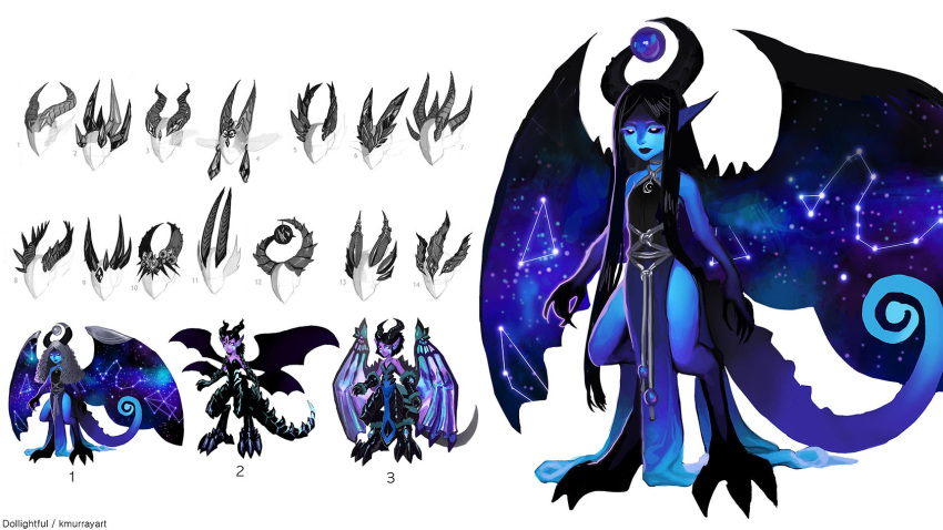 16:9 2_horns 3_horns 4_wings 6_horns animal_humanoid black_hair black_horn black_lips black_sclera blue_body clawed_feet clawed_fingers claws clothing colored constellation curled_hair digitigrade dollightful dollightful_(copyright) dragon dragon_humanoid dragon_wings dress eyelashes female gradient_tail grey_hair hair hi_res horn horned_humanoid humanoid humanoid_pointy_ears leg_markings lips long_hair markings membrane_(anatomy) membranous_wings multi_horn multi_wing orb purple_body shaded socks_(marking) solo space spikes spikes_(anatomy) tail toe_claws white_eyes widescreen winged_humanoid wings