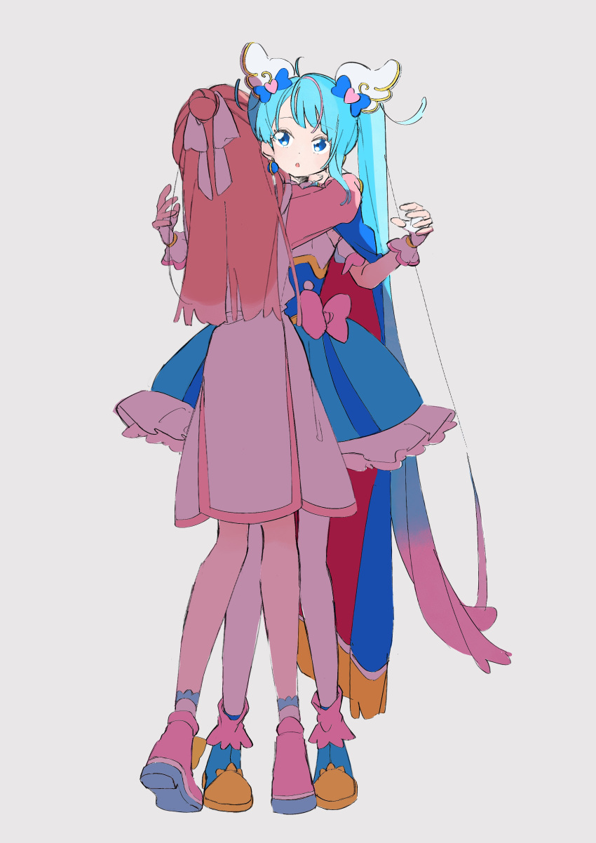 2girls 35kawaiiprpr :o absurdres ankle_boots blue_eyes blue_footwear blue_hair boots bow cape commentary cure_sky cut_bangs detached_sleeves dress dress_bow earrings fingerless_gloves frilled_dress frills fringe_trim gloves grey_background hair_bun hair_ribbon highres hirogaru_sky!_precure hug jewelry long_hair long_sleeves looking_at_another magical_girl medium_dress multiple_girls nijigaoka_mashiro parted_lips pink_footwear pink_hair precure puffy_detached_sleeves puffy_sleeves red_cape ribbon shoes short_dress simple_background single_hair_bun single_sidelock sora_harewataru standing thighhighs twintails two-sided_cape two-sided_fabric very_long_hair white_dress white_gloves white_ribbon white_thighhighs wing_hair_ornament
