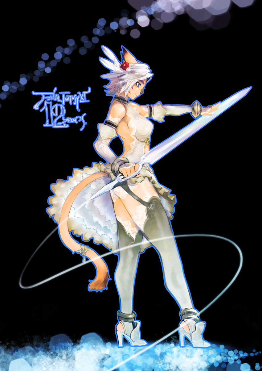 1girl adventurer_(ff11) animal_ears anklet bare_shoulders black_background blue_eyes blue_outline bracelet breasts bridal_gauntlets cat_ears cat_girl cat_tail closed_mouth copyright_name doraeshi dress facial_mark feather_hair_ornament feathers final_fantasy final_fantasy_xi flower gradient_clothes gradient_legwear hair_ornament halter_dress halterneck high_heels highres holding holding_sword holding_weapon jewelry legs_apart medium_breasts mithra_(ff11) outline red_flower short_hair solo standing sword tail tail_ornament tail_ring thighhighs weapon whisker_markings white_bridal_gauntlets white_dress white_feathers white_hair