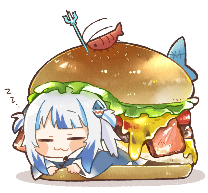 1girl :3 =_= blue_hair blunt_bangs blush_stickers burger cheese chibi commentary ebi-chan_(gawr_gura) food food_focus gawr_gura ham highres hololive hololive_english in_food lettuce multicolored_hair polearm same_anko shrimp simple_background sleeping solo symbol-only_commentary trident two-tone_hair two_side_up virtual_youtuber weapon white_background white_hair zzz