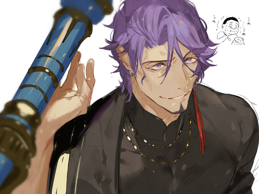 black_shirt duryodhana_(fate) earrings facial_hair fate/grand_order fate_(series) goatee holding holding_polearm holding_weapon jewelry looking_up male_focus muscular muscular_male necklace pectorals polearm purple_eyes purple_hair sash semi_(p-poco) shirt short_hair shoulder_sash simple_background single_earring smile upper_body weapon white_background