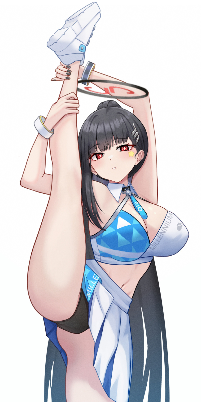 1girl arms_up black_hair black_panties blue_archive blush breasts cheerleader cleavage detached_collar facial_mark halo halterneck highres kneepits large_breasts long_hair looking_at_viewer mijikayo_(user_eyyx8247) millennium_cheerleader_outfit_(blue_archive) navel panties parted_lips pleated_skirt red_eyes rio_(blue_archive) simple_background skirt solo split standing standing_on_one_leg standing_split star_(symbol) underwear very_long_hair white_background white_skirt