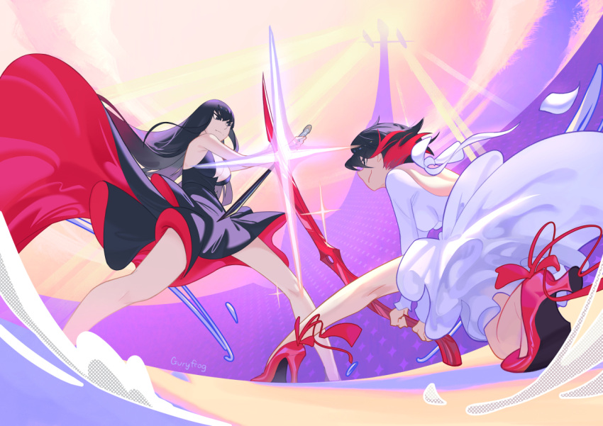 2girls alternate_costume artist_name back backless_dress backless_outfit bakuzan battle black_dress black_hair breasts cleavage commentary dress english_commentary fighting_stance full_body guryfrog high_heels holding holding_sword holding_weapon honnouji_gakuen katana kill_la_kill kiryuuin_satsuki kneepits large_breasts lens_flare long_dress long_hair matoi_ryuuko medium_breasts multicolored_hair multiple_girls on_one_knee plunging_neckline red_footwear red_hair reverse_grip scissor_blade_(kill_la_kill) siblings sisters smile sword sword_clash thick_eyebrows two-tone_dress two-tone_hair weapon white_dress wind wind_lift