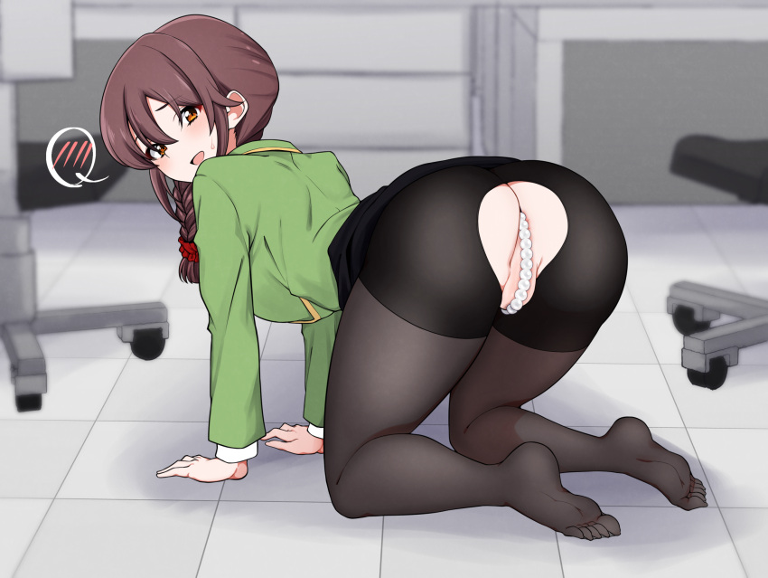 1girl all_fours anus anus_peek arched_back ass black_pantyhose black_skirt blurry blurry_background blush braid braided_ponytail breasts brown_eyes brown_hair chair clothes_lift commentary crotchless crotchless_pantyhose depth_of_field desk female_pubic_hair from_behind full_body green_jacket hair_between_eyes hair_ornament hair_over_shoulder hair_scrunchie highres idolmaster idolmaster_cinderella_girls indoors jacket long_hair long_sleeves looking_at_viewer looking_back low_ponytail medium_breasts minakamirin miniskirt no_shoes office_chair on_floor pantyhose parted_lips partially_visible_vulva pearl_thong pubic_hair pubic_hair_peek raised_eyebrows red_scrunchie scrunchie senkawa_chihiro single_braid skirt skirt_lift smile soles solo speech_bubble spoken_blush sweatdrop swivel_chair tile_floor tiles