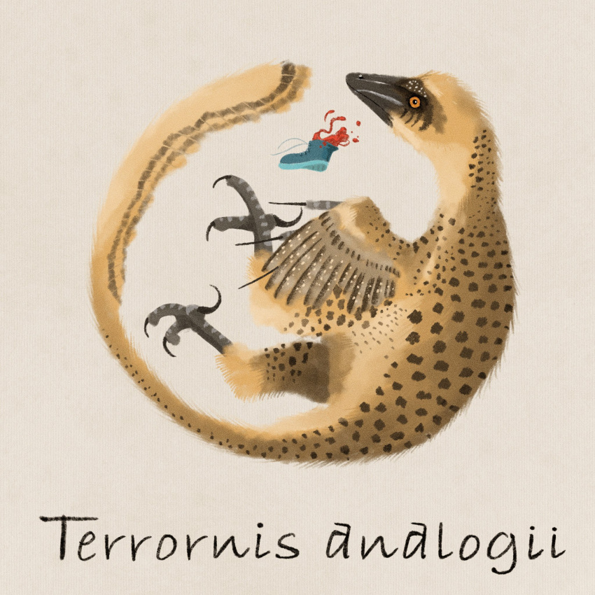 ambiguous_gender arm_feathers blood bodily_fluids bonpland claws clothing dinosaur dromaeosaurid feathered_dinosaur feathers feral finger_claws footwear hi_res markings orange_eyes reptile scales scalie shoes sickle_claw simple_background solo spots spotted_markings tail_feathers tan_body tan_feathers theropod