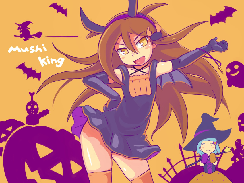 bat_(animal) black_gloves blush_stickers brown_eyes brown_hair dress fake_horns fake_wings gloves hair_between_eyes halloween halloween_costume highres horns jack-o'-lantern jewelry kagami_tina long_hair looking_at_viewer mushiking necklace open_mouth orange_thighhighs pumpkin red9_(isktmz) smile thighhighs wings witch