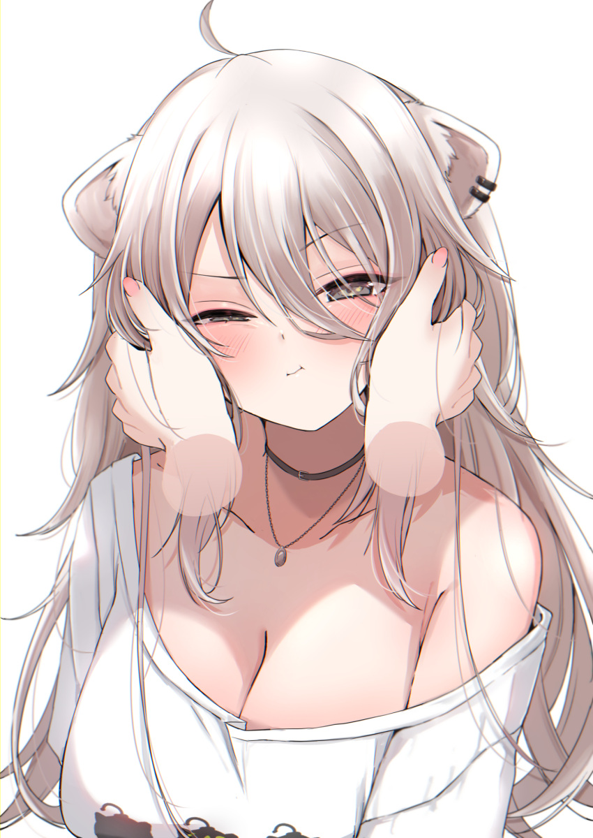 1girl :t ahoge animal_ears black_choker blush breasts cheek_squash choker cleavage closed_mouth commentary disembodied_limb ear_piercing grey_eyes grey_hair hair_between_eyes half-closed_eye hand_in_another's_hair highres hololive jewelry large_breasts lion_ears long_hair looking_at_viewer necklace nerorigogo no_bra off_shoulder official_alternate_costume piercing shirt shishiro_botan shishiro_botan_(4th_costume) simple_background single_bare_shoulder solo_focus upper_body virtual_youtuber white_background white_shirt