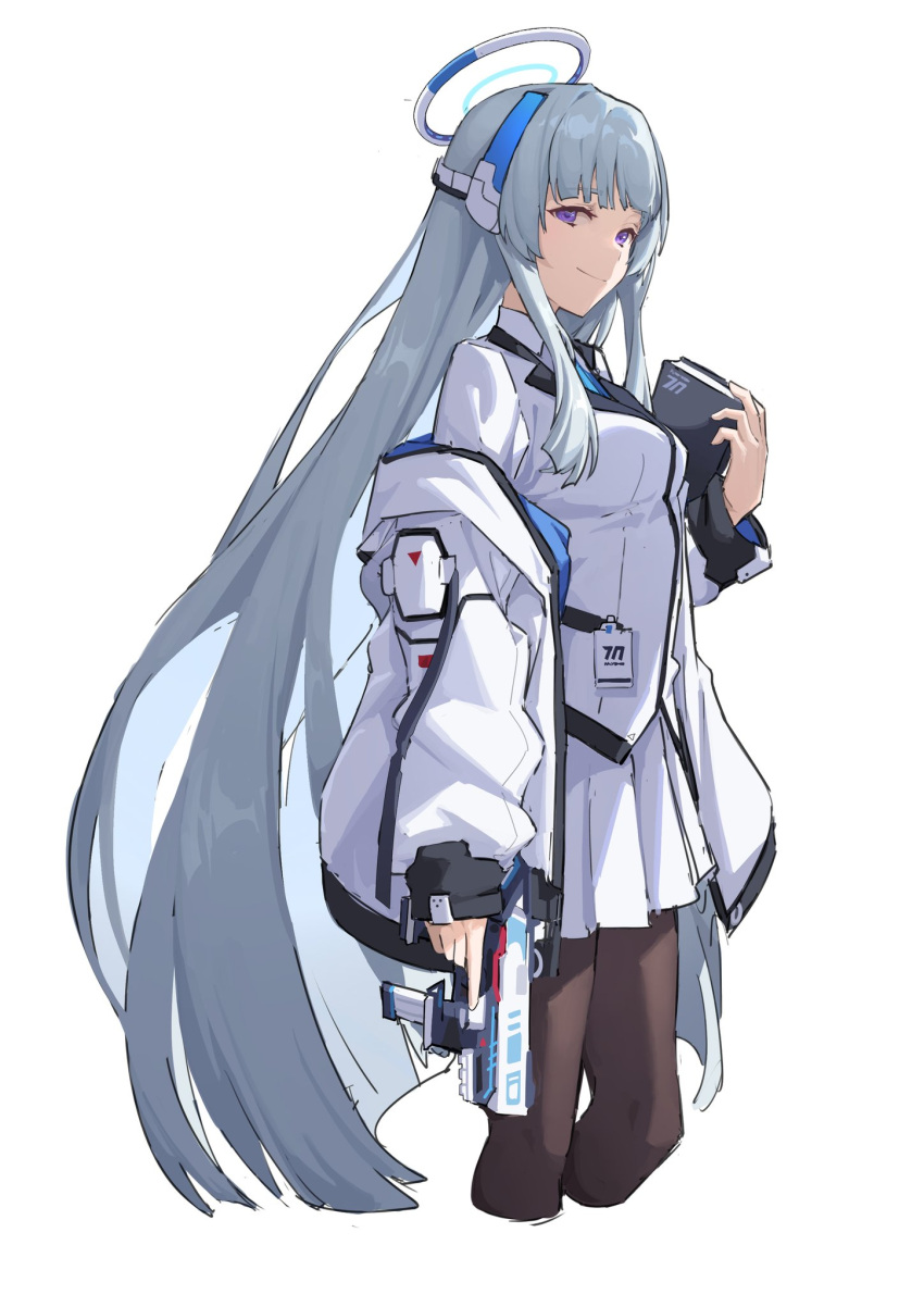 1girl arm_at_side blue_archive blue_necktie book breasts brown_pantyhose closed_mouth coat collared_shirt cropped_legs grey_hair gun halo highres holding holding_book holding_gun holding_weapon jacket ken_rqll long_hair looking_at_viewer looking_to_the_side necktie noa_(blue_archive) off_shoulder pantyhose purple_eyes shirt simple_background skirt small_breasts smile solo very_long_hair weapon white_background white_coat white_jacket white_skirt