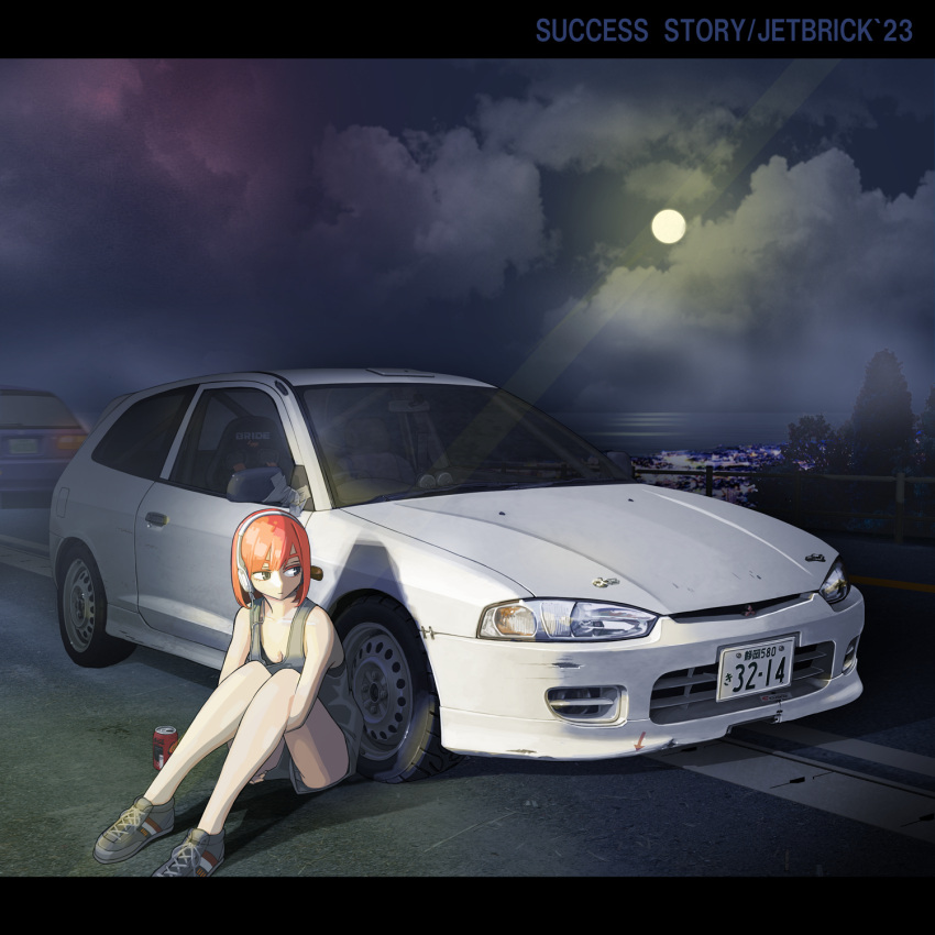 1girl black_eyes blue_overalls breasts can car cloud cloudy_sky commentary_request cross-laced_footwear duct_tape full_moon headlight headphones highres honda_civic jettoburikku knees_up letterboxed license_plate looking_to_the_side medium_breasts mitsubishi_colt mitsubishi_motors moon motor_vehicle night orange_hair original outdoors overalls rear-view_mirror right-hand_drive road shoes sitting sky sneakers soda_can solo vehicle_focus white_car