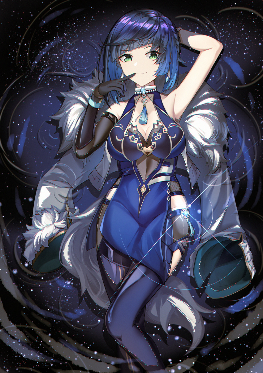 1girl absurdres black_gloves blue_dress blue_hair blue_thighhighs breasts cleavage closed_mouth dark_background dark_blue_hair diagonal_bangs dress elbow_gloves feet_out_of_frame genshin_impact gloves green_eyes halfmoe highres large_breasts looking_at_viewer lying neck_tassel on_back partially_submerged ripples short_hair solo thighhighs yelan_(genshin_impact)