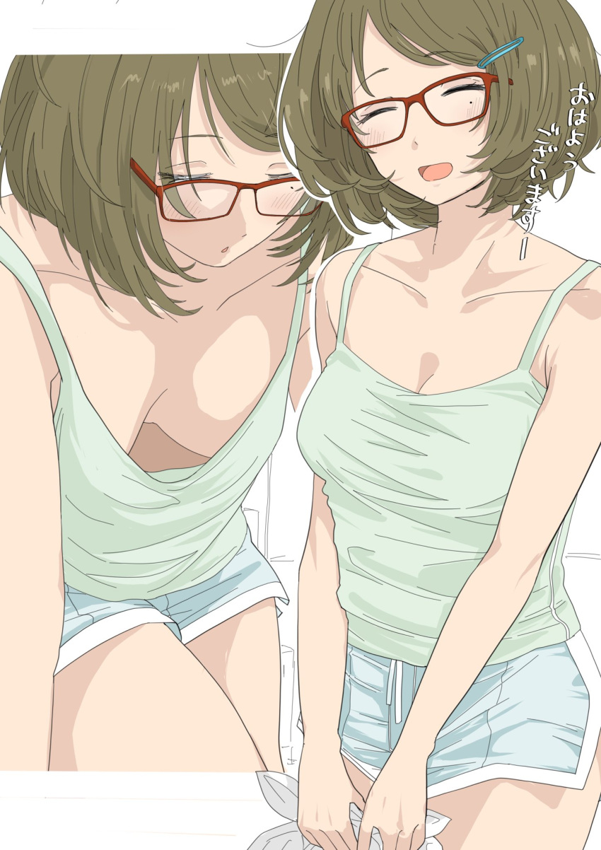 2girls ^_^ bag bare_shoulders blue_shorts breasts cleavage closed_eyes collarbone dolphin_shorts dual_persona ebifryman green_hair green_tank_top hair_ornament hairpin highres holding holding_bag idolmaster idolmaster_cinderella_girls idolmaster_cinderella_girls_starlight_stage medium_breasts mole mole_under_eye multiple_girls multiple_views open_mouth plastic_bag red-framed_eyewear short_hair shorts simple_background smile takagaki_kaede tank_top white_background
