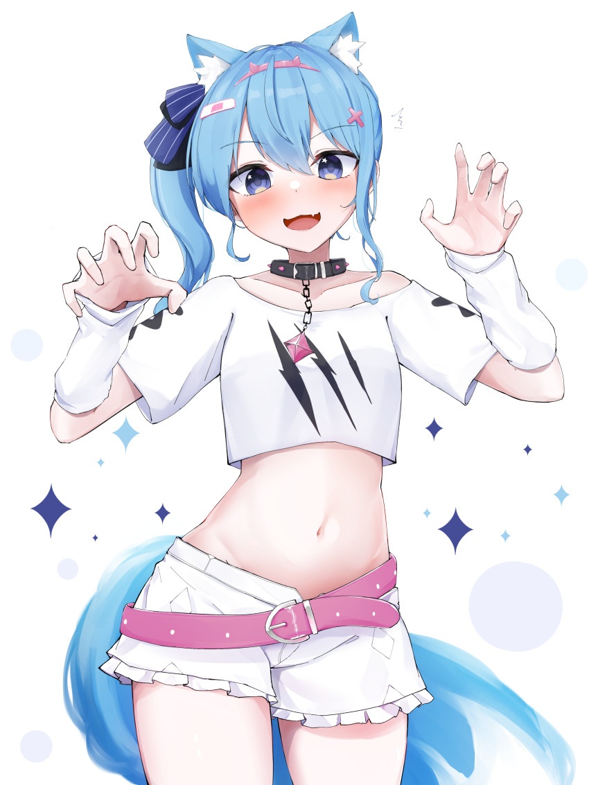 absurdres animal_collar bandaid bandaid_hair_ornament belly belt black_collar blue_hair blush claw_pose collar cosplay costume_switch cropped_shirt cutout_above_navel dog_girl dog_tail frilled_shorts frills hair_ornament hairband highres hololive hoshimachi_suisei miixxc mococo_abyssgard mococo_abyssgard_(cosplay) open_mouth pink_belt pink_hairband plaid_headwear shirt shorts side_ponytail sleeves_past_elbows spiked_collar spikes star_(symbol) star_in_eye symbol_in_eye tail taut_clothes taut_shirt thighs undersized_clothes virtual_youtuber