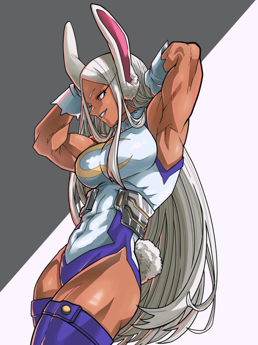1girl animal_ears armpits arms_behind_head arms_up bare_shoulders boku_no_hero_academia breasts covered_abs covered_navel crescent_print dark-skinned_female dark_skin fur_collar gloves highleg highleg_leotard highres hs061008 large_breasts leotard long_eyelashes long_hair looking_to_the_side mirko parted_bangs purple_thighhighs rabbit_ears rabbit_girl rabbit_tail red_eyes sleeveless_turtleneck_leotard smile solo tail tail_through_clothes taut_leotard thick_thighs thighhighs thighs toned very_long_hair white_gloves white_hair white_leotard