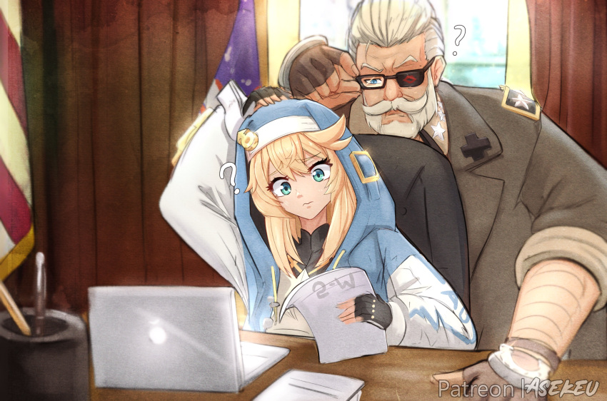 ? absurdres adjusting_eyewear american_flag asekeu black_gloves blonde_hair blue_eyes bridget_(guilty_gear) computer doing_taxes fingerless_gloves glasses gloves goldlewis_dickinson guilty_gear guilty_gear_strive hair_slicked_back highres hood hood_up hoodie indoors laptop nun open_clothes open_hoodie paper sitting table