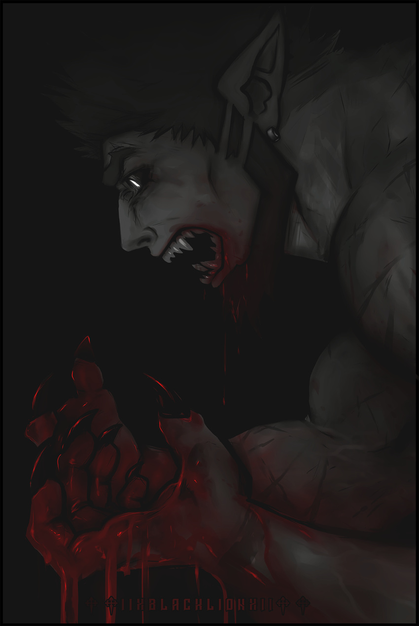 1boy bara beard black_sclera black_theme blood blood_from_mouth blood_on_hands brusi_(iixblacklionxii) colored_sclera demon_boy ear_piercing facial_hair fingernails from_side hands_up highres iixblacklionxii large_hands male_focus mature_male muscular muscular_male nude open_hands original piercing pointy_ears profile scar scar_on_arm sharp_fingernails short_hair sideburns solo spiked_hair spot_color thick_eyebrows upper_body yellow_eyes