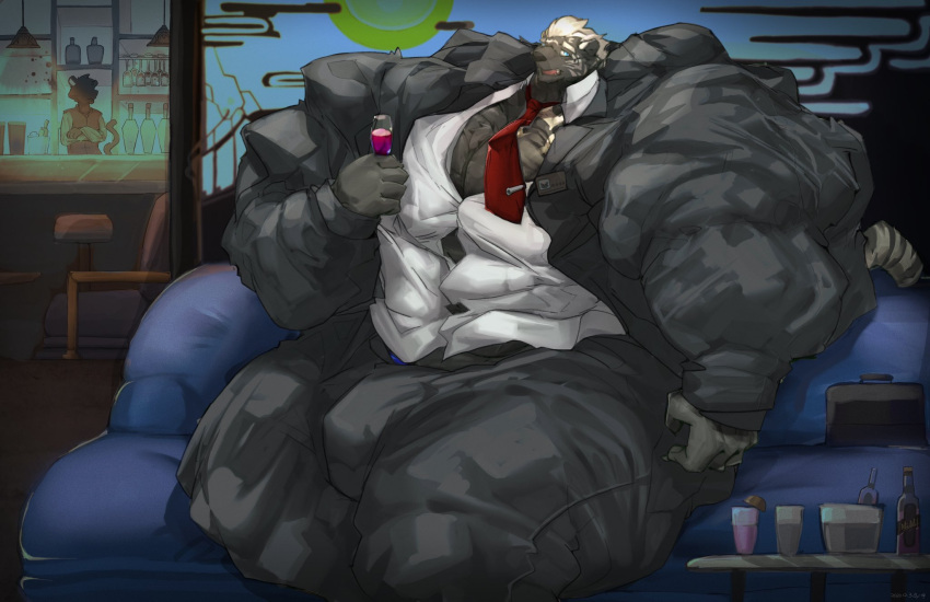5_fingers abs alcohol anthro bar beverage biceps big_muscles biped black_clothing black_suit bruce892741 bulge claws clothed clothing container cup drinking_glass felid finger_claws fingers fully_clothed furniture glass glass_container glass_cup hi_res holding_wine_glass huge_muscles hyper hyper_muscles looking_at_viewer male mammal muscular muscular_anthro muscular_male muscular_thighs necktie on_sofa open_mouth pantherine pecs sitting sitting_on_sofa sofa solo suit tail tiger tight_clothing wine wine_glass wooyeong