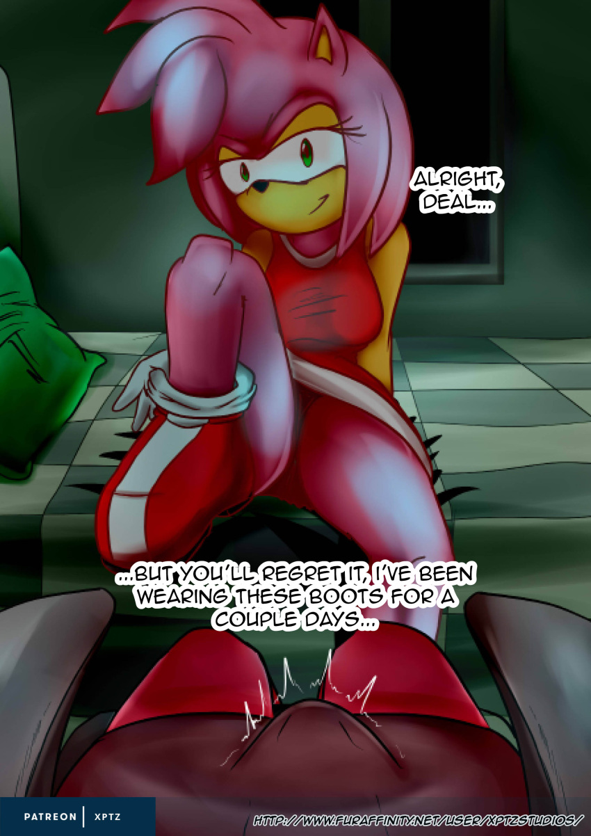 2021 absurd_res amy_rose anthro anthro_on_anthro bed bedroom_eyes boots building bulge clothed clothing detailed_background dialogue dress duo english_text erection erection_under_clothing faceless_character faceless_male female first_person_view footwear fully_clothed fur furniture gloves green_eyes hair half-closed_eyes handwear hi_res house imminent_sex looking_at_viewer male male/female male_pov narrowed_eyes pink_body pink_fur pink_hair red_boots red_clothing red_dress red_footwear seductive sega short_hair sitting smile sonic_the_hedgehog_(series) text white_clothing white_gloves white_handwear xptzstudios