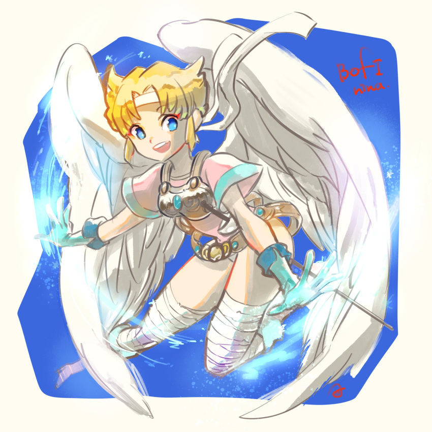 1girl angel_wings anzuni_(marblefrog) armor blonde_hair blue_eyes boots breath_of_fire breath_of_fire_i covered_navel elbow_gloves feathered_wings full_body gloves highres knee_boots leotard looking_at_viewer nina_(breath_of_fire_i) one_eye_closed open_mouth rapier short_hair smile solo sword thighhighs weapon white_wings wings