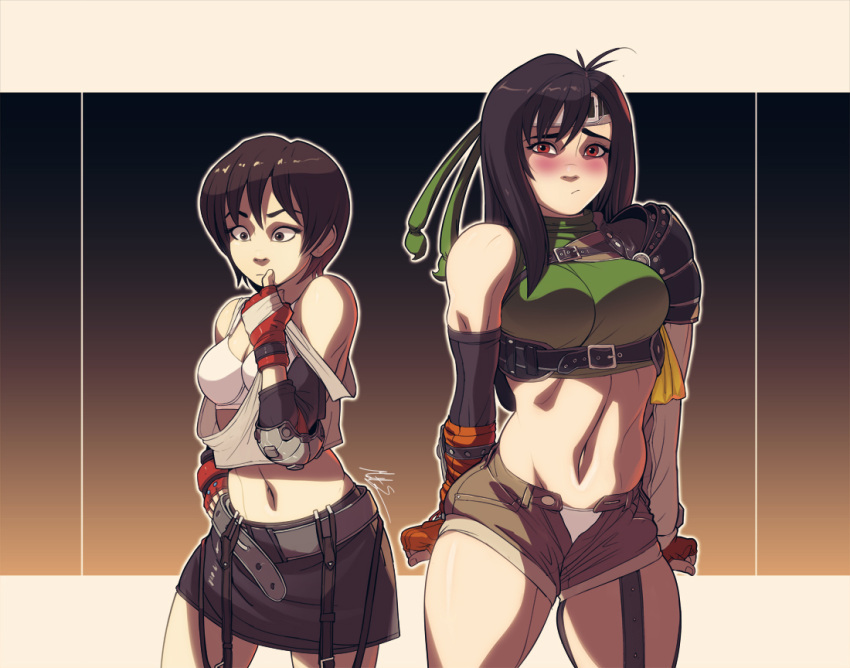 2girls bra breasts cosplay costume_switch crop_top embarrassed exmile final_fantasy final_fantasy_vii forehead_protector headband multiple_girls open_fly oversized_clothes panties short_hair short_shorts shorts single_sleeve skirt stomach suspender_skirt suspenders tifa_lockhart tifa_lockhart_(cosplay) undersized_clothes underwear white_bra white_panties yuffie_kisaragi yuffie_kisaragi_(cosplay)