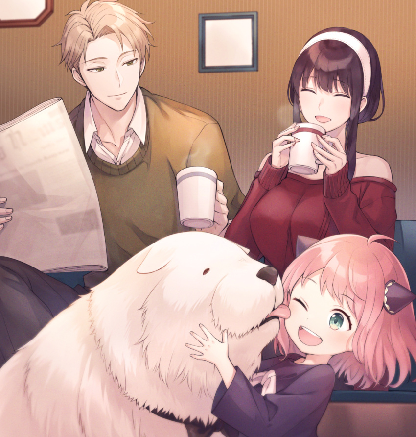 1boy 2girls :d ^_^ ahoge anya_(spy_x_family) aqua_eyes black_dress black_hair bond_(spy_x_family) bow brown_eyes brown_sweater closed_eyes cup dog dress e_(eokiba) family hairband highres holding holding_cup light_brown_hair mug multiple_girls pink_hair red_sweater short_hair smile spy_x_family sweater teeth twilight_(spy_x_family) upper_teeth_only white_bow white_hairband yor_briar