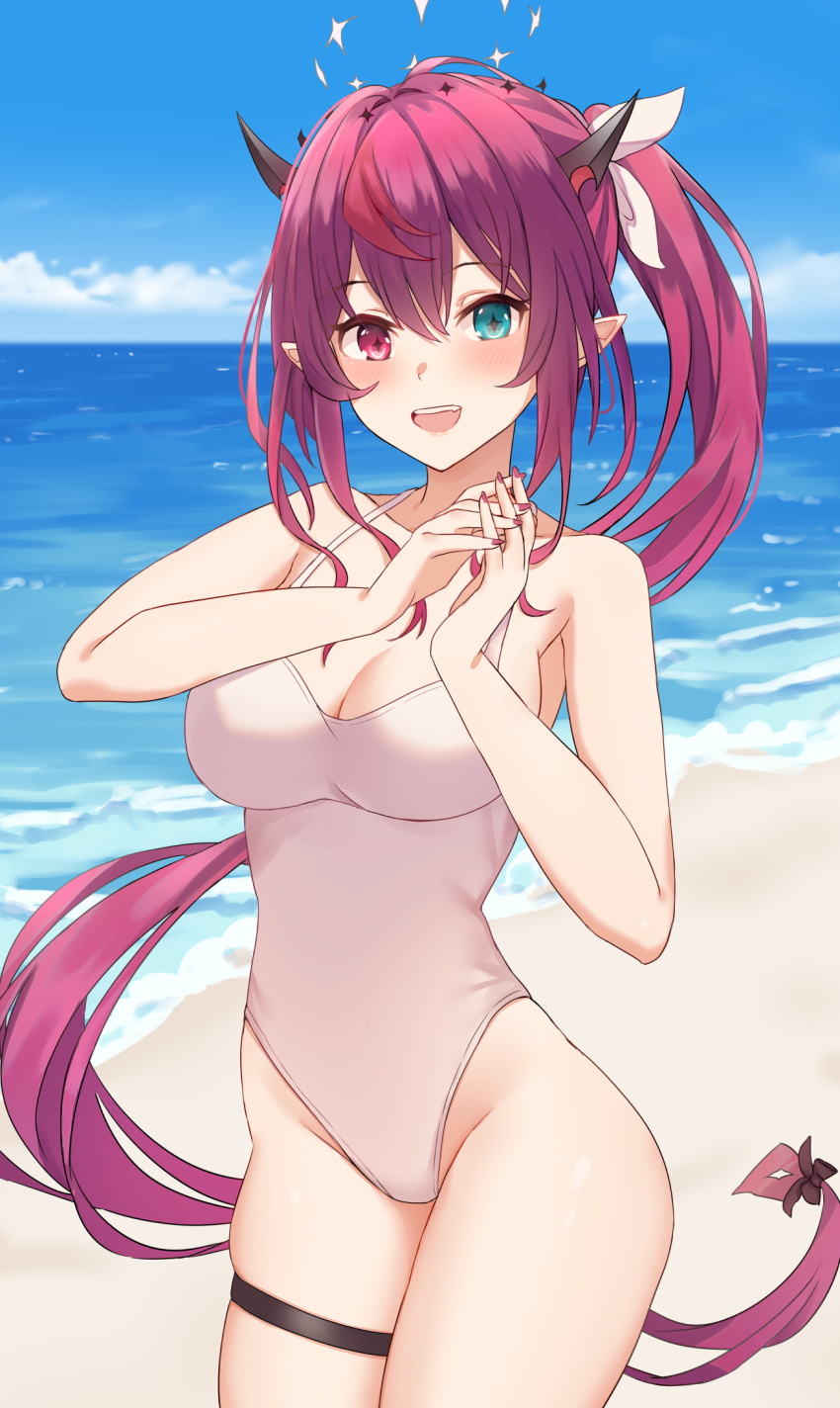 +_+ 1girl beach blue_eyes blue_sky breasts cleavage day double_halo hair_ribbon halo heterochromia highleg highleg_swimsuit highres hololive hololive_english horizon horns irys_(hololive) large_breasts long_hair looking_at_viewer multicolored_hair ocean one-piece_swimsuit open_mouth outdoors own_hands_together pointy_ears ponytail purple_eyes purple_hair purple_nails red_hair ribbon saito_(pigrank) sky smile solo spaghetti_strap star_(symbol) star_halo streaked_hair swimsuit thigh_strap very_long_hair virtual_youtuber water white_one-piece_swimsuit white_ribbon white_swimsuit