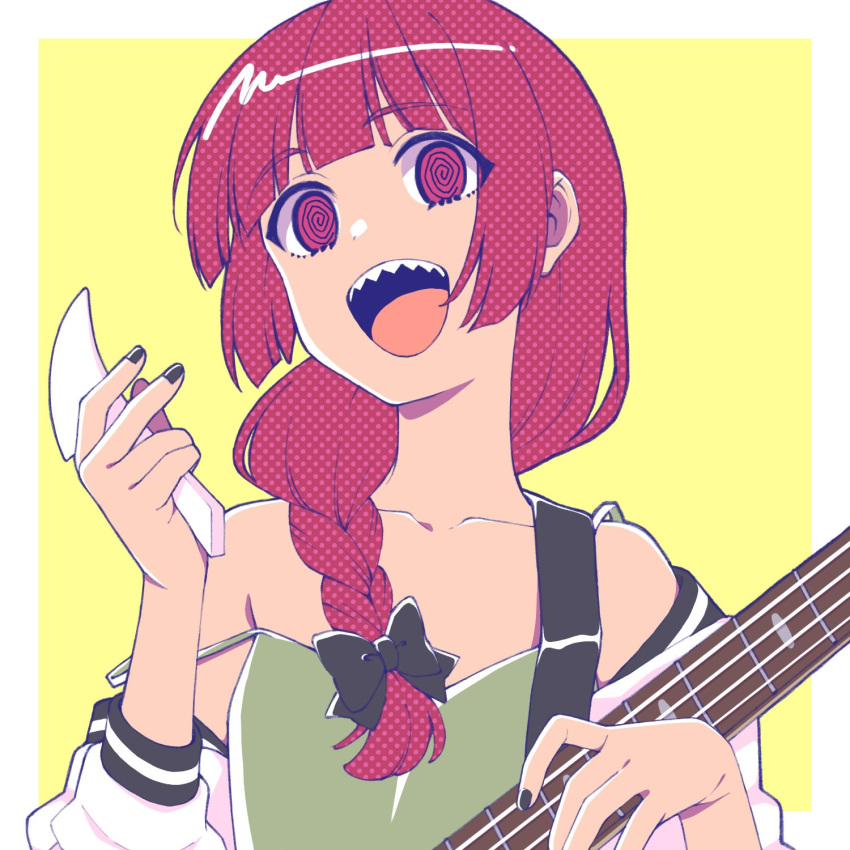 1girl @_@ bachi bare_shoulders black_bow black_nails bocchi_the_rock! bow braid commentary fingernails hair_between_eyes hair_over_shoulder highres hiroi_kikuri holding holding_instrument instrument jacket long_sleeves moyashi_(m-planter) multicolored_clothes multicolored_jacket open_mouth plectrum purple_eyes purple_hair sharp_teeth side_braid solo strap_slip teeth tongue two-tone_jacket upper_body upper_teeth_only