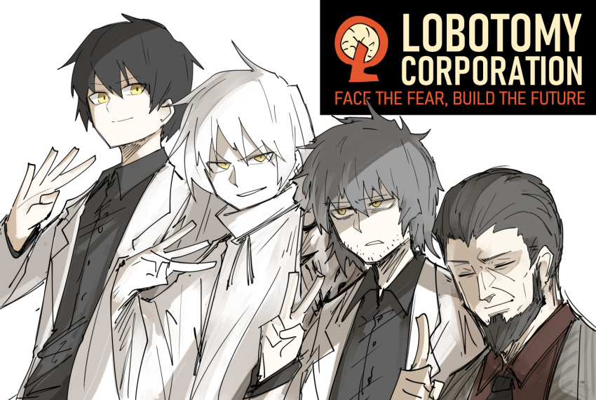 4boys abel_(project_moon) abram_(project_moon) adam_(project_moon) ayin_(project_moon) beard black_hair facial_hair grey_hair index_finger_raised kankan33333 lobotomy_corporation long_hair multiple_boys old old_man project_moon shaded_face short_hair sketch spoilers stubble v w white_hair yellow_eyes