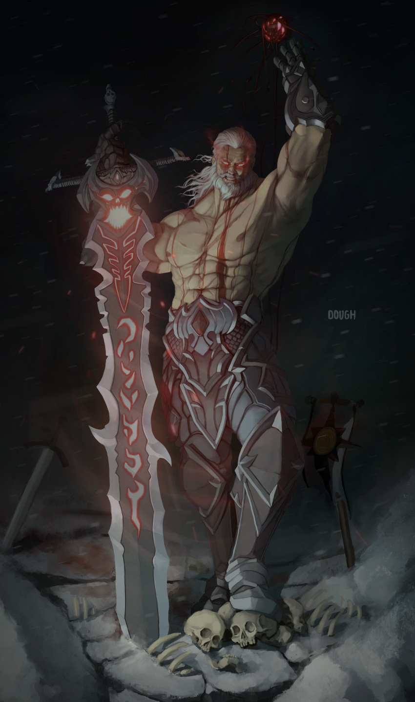 1boy abs absurdres arm_up armored_boots artist_name beard bone boots commentary commission dough_(doughnath) english_commentary facial_hair full_body gauntlets glowing glowing_eye grin highres huge_weapon long_hair male_focus muscular muscular_male original pectorals red_eyes signature skull smile solo topless_male weapon white_hair