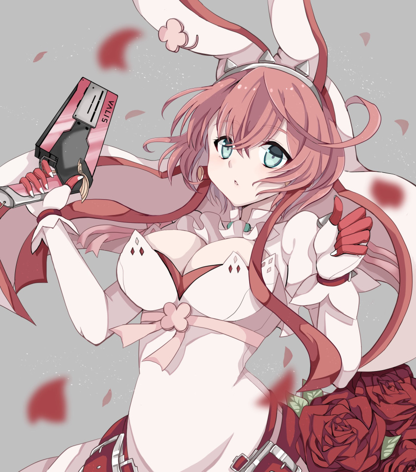 1girl ahoge aqua_eyes bouquet bracelet breasts bridal_veil cleavage_cutout clothing_cutout clover collar dress elphelt_valentine flower four-leaf_clover guilty_gear guilty_gear_xrd gun hairband highres holding holding_gun holding_weapon huge_ahoge jewelry juliet_sleeves kinoko5656 large_breasts long_sleeves looking_at_viewer open_mouth petals pink_hair puffy_sleeves red_flower red_rose rose rose_petals short_hair spiked_bracelet spiked_hairband spikes veil weapon wedding_dress white_dress