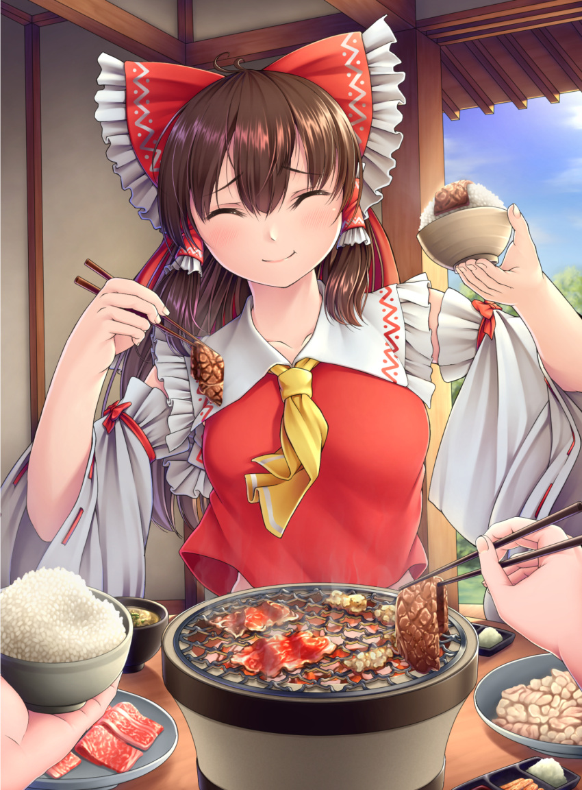 1girl 1other ascot black_hair blue_sky bow bowl chopsticks closed_eyes closed_mouth cloud comiket_99 commentary_request detached_sleeves eating facing_viewer food hair_bow hair_tubes hakurei_reimu highres holding holding_bowl holding_chopsticks indoors medium_hair nuppa pov red_bow ribbon-trimmed_sleeves ribbon_trim shrine sidelocks sky solo_focus touhou wide_sleeves yellow_ascot