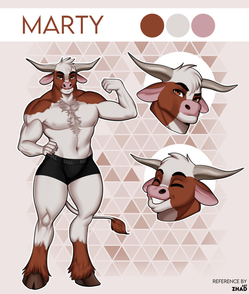 abs anthro athletic athletic_anthro athletic_male bovid bovine boxers_(clothing) cattle clothing digital_media_(artwork) fingers fluffy hi_res hooves horn looking_at_viewer male mammal marty model_sheet muscular muscular_anthro muscular_male simple_background smile solo tail underwear zhadart