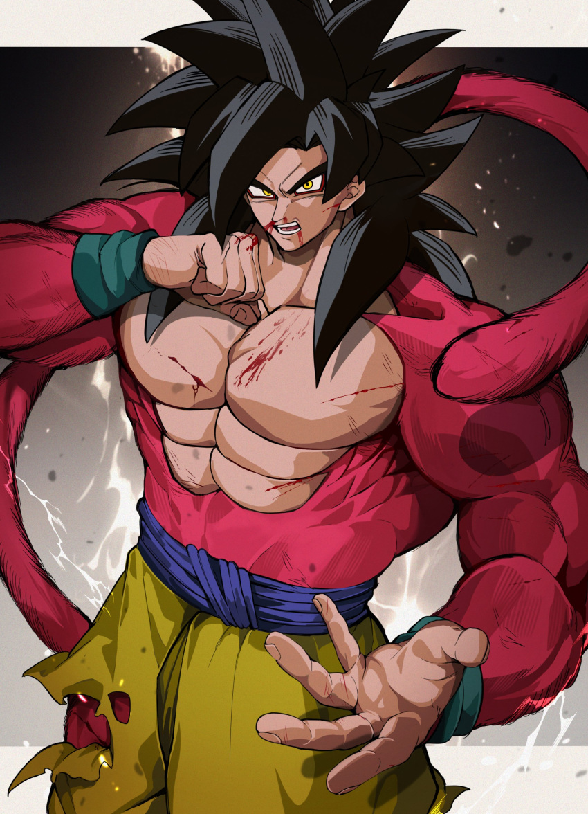 1boy absurdres biceps black_hair bleeding blood blood_on_face blood_on_hands blue_sash blue_wristband body_fur dragon_ball dragon_ball_gt gigatan_d highres injury long_hair looking_at_viewer male_focus monkey_boy monkey_tail muscular muscular_male no_nipples nosebleed pants pectorals red_fur saiyan sash solo son_goku spiked_hair super_saiyan super_saiyan_4 tail torn_clothes torn_pants yellow_pants