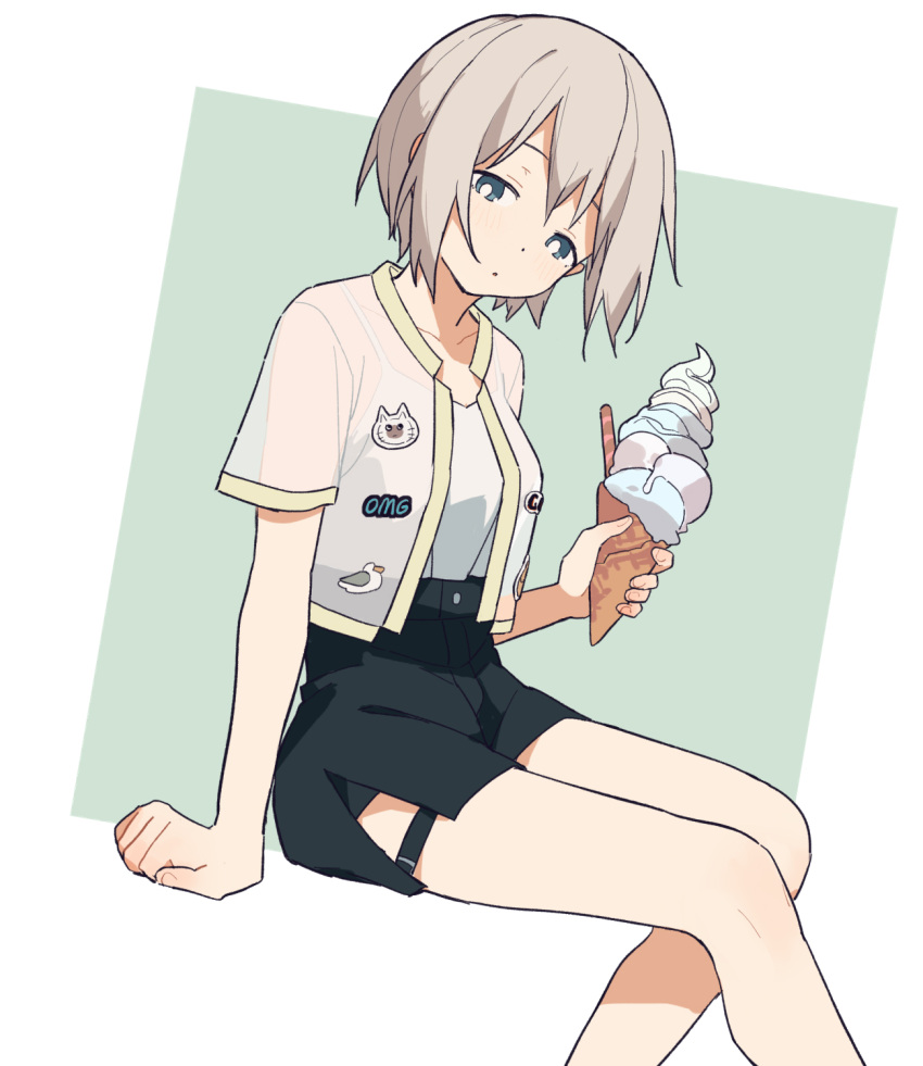 1girl aoba_moca arm_rest badge bang_dream! bare_legs black_shorts blue_eyes blush button_badge camisole closed_mouth coldcat. collarbone cropped_jacket dangling dot_mouth dot_nose eyebrows_hidden_by_hair feet_out_of_frame from_side green_background grey_hair head_tilt high-waist_shorts highres holding_ice_cream invisible_chair jacket looking_at_viewer raised_eyebrows see-through see-through_jacket short_hair shorts sidelocks simple_background sitting solo two-tone_background white_background white_camisole