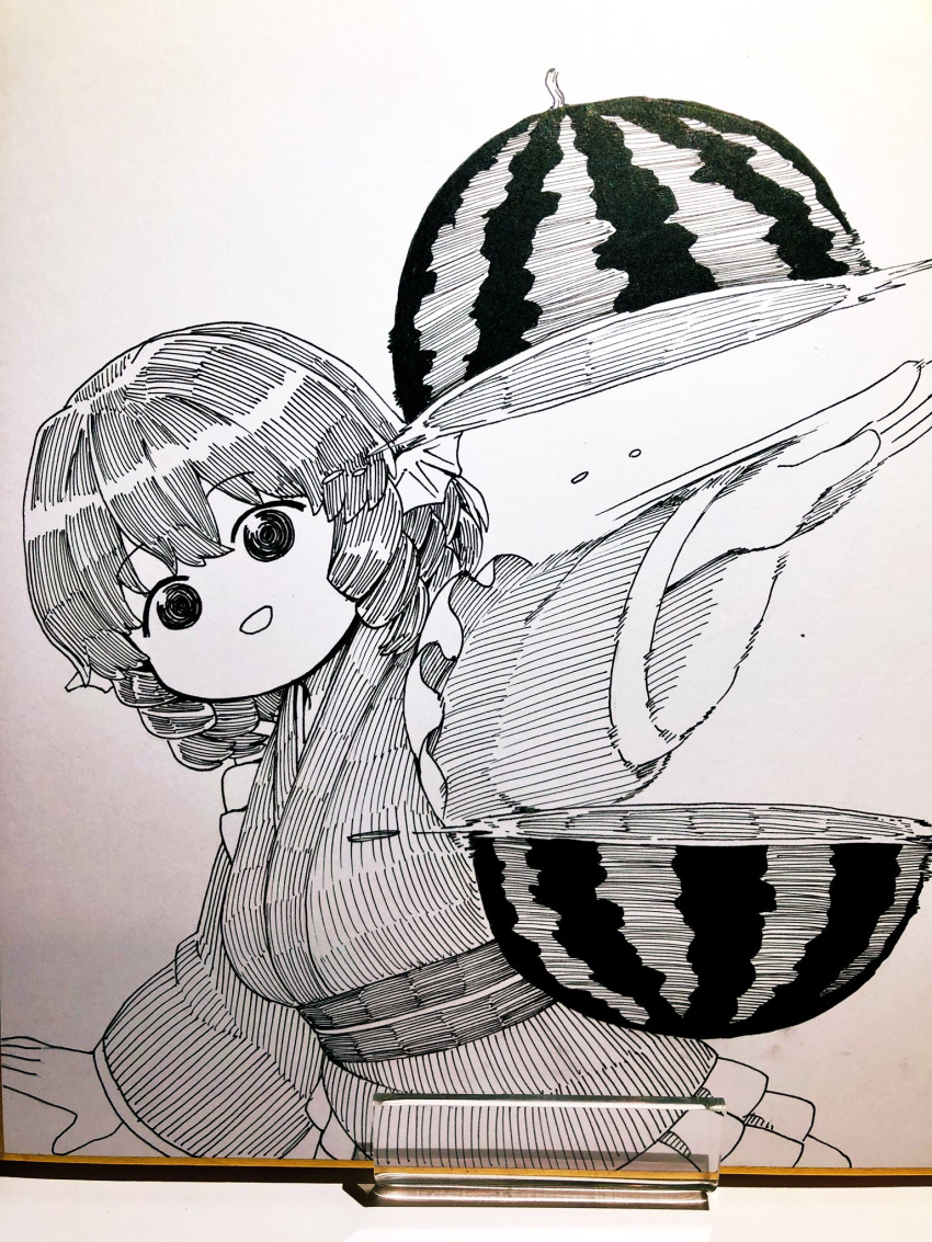 1girl commentary_request drill_hair drill_sidelocks fins food fruit greyscale head_fins highres japanese_clothes kimono long_sleeves looking_at_viewer monochrome open_mouth poronegi sash sidelocks solo touhou traditional_media upper_body wakasagihime watermelon