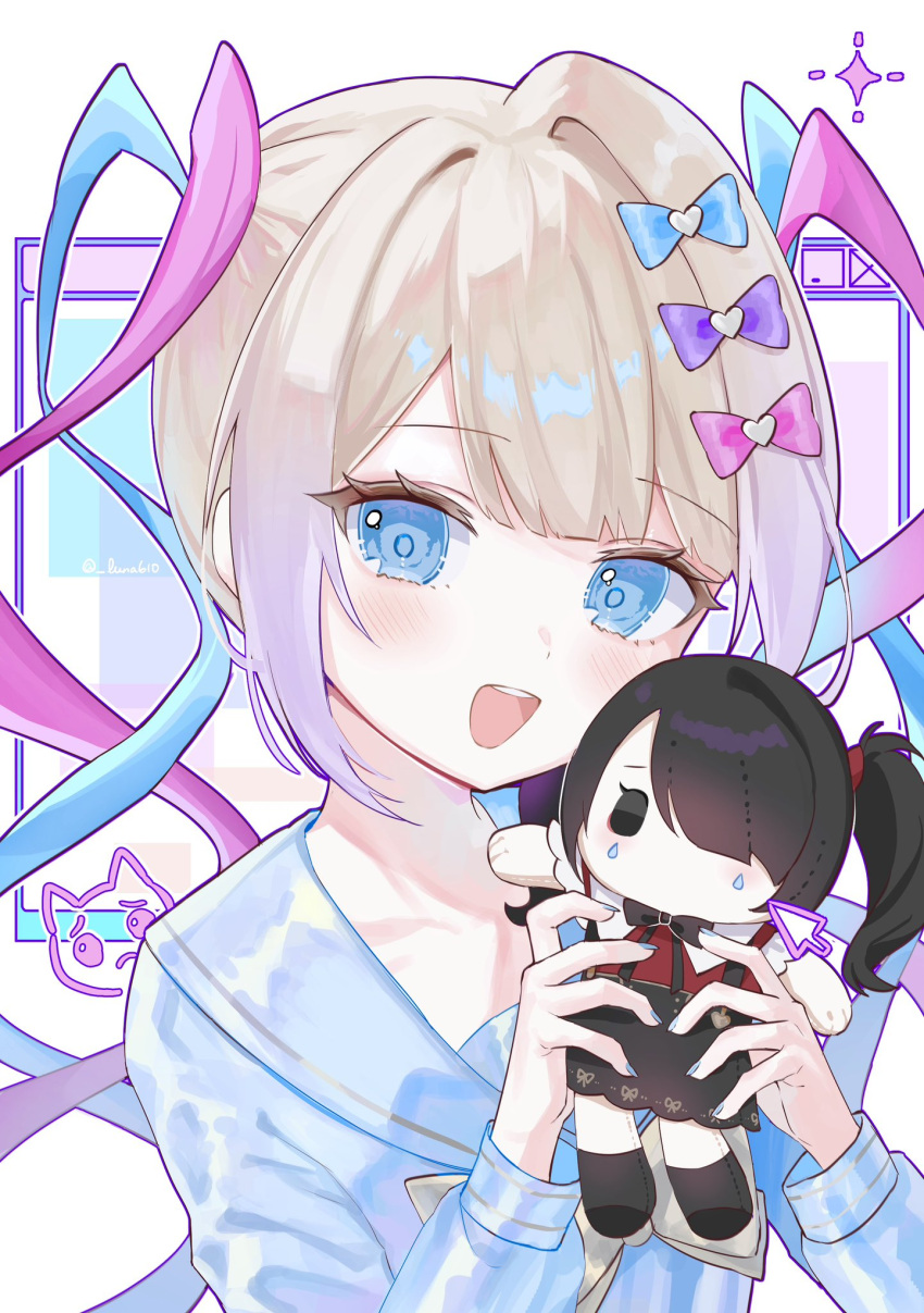 1girl black_hair blonde_hair blue_bow blue_eyes blue_hair blue_nails blush bow character_doll chouzetsusaikawa_tenshi-chan doll hair_bow highres holding holding_doll long_hair long_sleeves looking_at_viewer luna_(luna610) multicolored_hair needy_girl_overdose open_mouth pink_hair quad_tails sailor_collar school_uniform serafuku shirt smile solo twintails upper_body