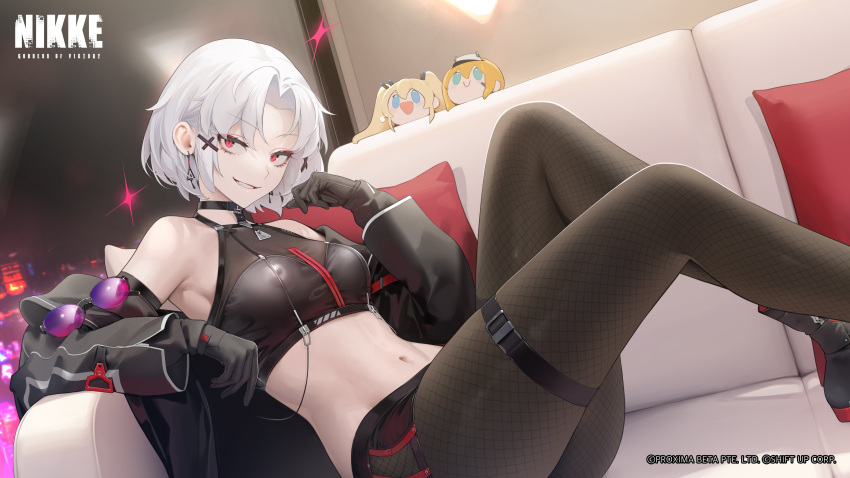 absurdres black_choker black_jacket black_shorts character_doll character_request choker couch crop_top cropped_shirt drake_(nikke) drake_(villain_racer)_(nikke) fishnet_pantyhose fishnets goddess_of_victory:_nikke highres jacket maxwell_(nikke) ohisashiburi on_couch open_clothes open_jacket pantyhose parted_bangs pink-tinted_eyewear purple-tinted_eyewear see-through see-through_cleavage shirt short_hair shorts sleeveless sleeveless_shirt sunglasses tinted_eyewear white_hair