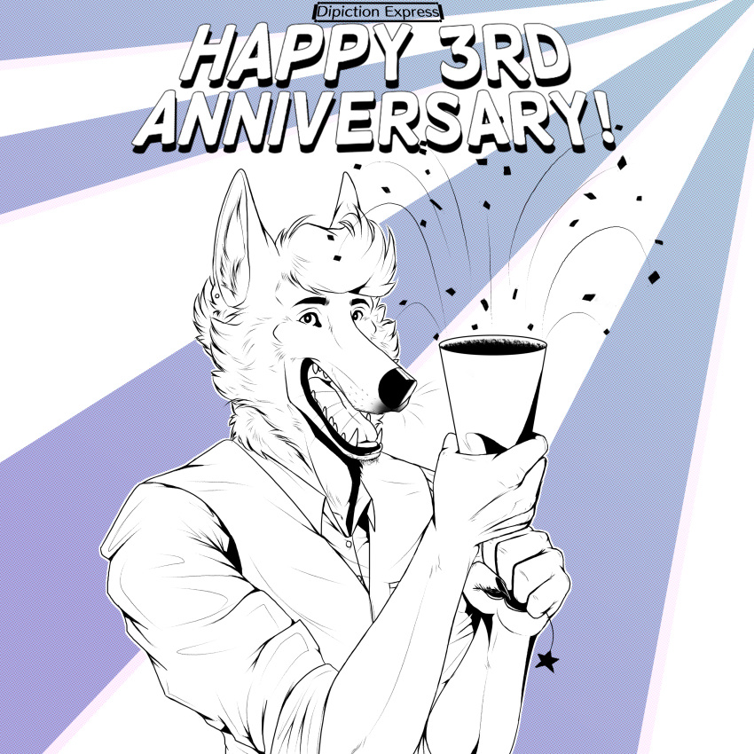 absurd_res anniversary anthro black_and_white canid canine canis celebration clothing conductor_ramirez_(depictionexpress) confetti depictionexpress domestic_dog dress_shirt facial_hair hair hi_res husky line_art looking_at_viewer male mammal maned_wolf monochrome nordic_sled_dog pattern_background piercing shirt simple_background slim_anthro slim_male solo spitz star suit topwear vest wavy_hair