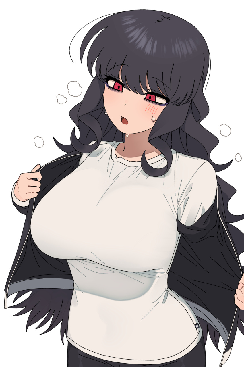 1girl black_hair blush breasts highres jacket large_breasts nakta original red_eyes shirt simple_background solo steam sweatdrop track_jacket undressing upper_body white_background white_shirt