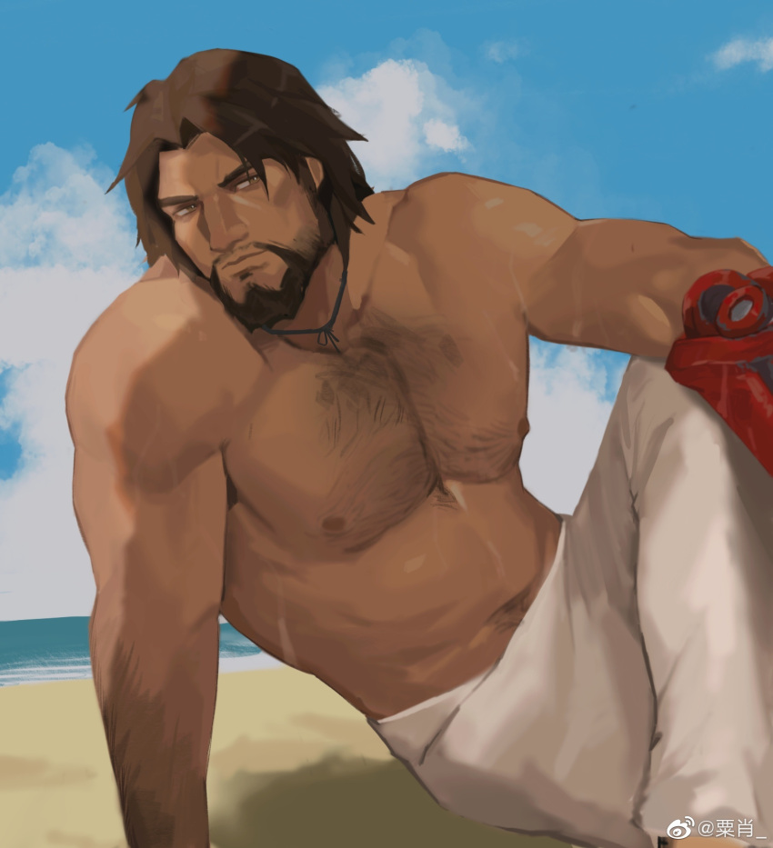 1boy abs bara beach beard brown_eyes brown_hair cassidy_(overwatch) chest_hair dark_skin facial_hair head_tilt highres large_pectorals lixiao6342 looking_at_viewer male_focus mature_male mechanical_arms muscular muscular_male nipples overwatch pectorals short_hair single_mechanical_arm solo stomach thick_eyebrows topless_male