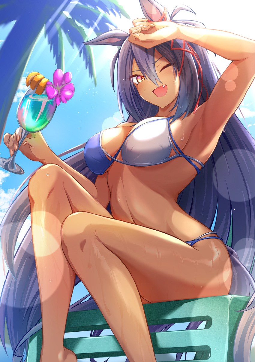 1girl ;d absurdres alternate_costume animal_ears arm_up armpits bikini black_hair blue_bikini breasts cleavage cocktail commentary_request cup dark-skinned_female dark_skin ear_ornament eve_on_k foot_out_of_frame highres hishi_amazon_(umamusume) holding holding_cup horse_ears horse_girl horse_tail large_breasts long_hair on_chair one_eye_closed red_eyes sitting smile solo swimsuit tail two-tone_bikini umamusume very_long_hair white_bikini