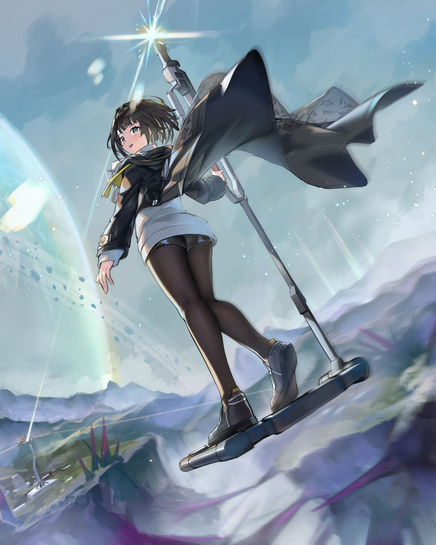 1girl absurdres arknights arknights:_endfield black_coat black_footwear black_hair black_pantyhose black_shorts blue_sky cliff coat dutch_angle endministrator_(arknights) female_endministrator_(arknights) floating from_behind full_body highres holding holding_staff looking_at_viewer moyume open_clothes open_coat originium_(arknights) pantyhose shoes short_hair shorts sky solo staff sweater white_sweater wind yellow_eyes