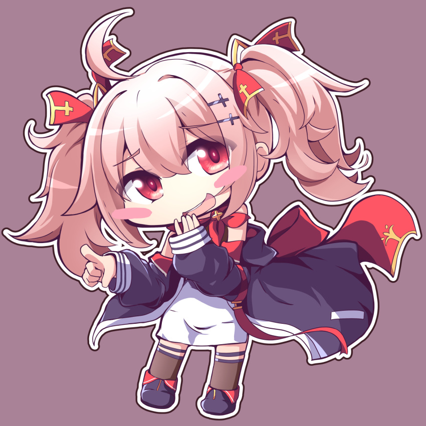 1girl ahoge azur_lane blonde_hair blunt_bangs chibi cross cross_hair_ornament full_body geo_(yukishitadou) hair_between_eyes hair_ornament hair_ribbon hero_(azur_lane) highres long_hair long_sleeves outline pointing red_eyes ribbon simple_background smile solo twintails white_outline