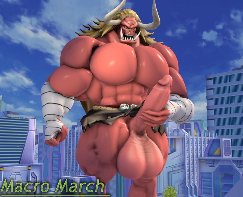 3d_(artwork) balls big_balls big_penis blonde_hair bone building city cloud demon digital_media_(artwork) erection genitals hair horn humanoid humanoid_genitalia humanoid_penis long_hair macro male masturbation muscular oars_(one_piece) one_piece penile penile_masturbation penis red_body sam1377 skull sky solo tusks undead zombie